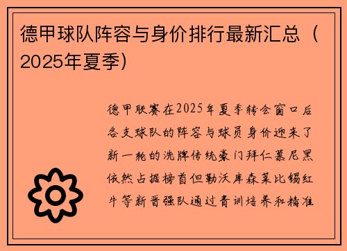 德甲球队阵容与身价排行最新汇总（2025年夏季）